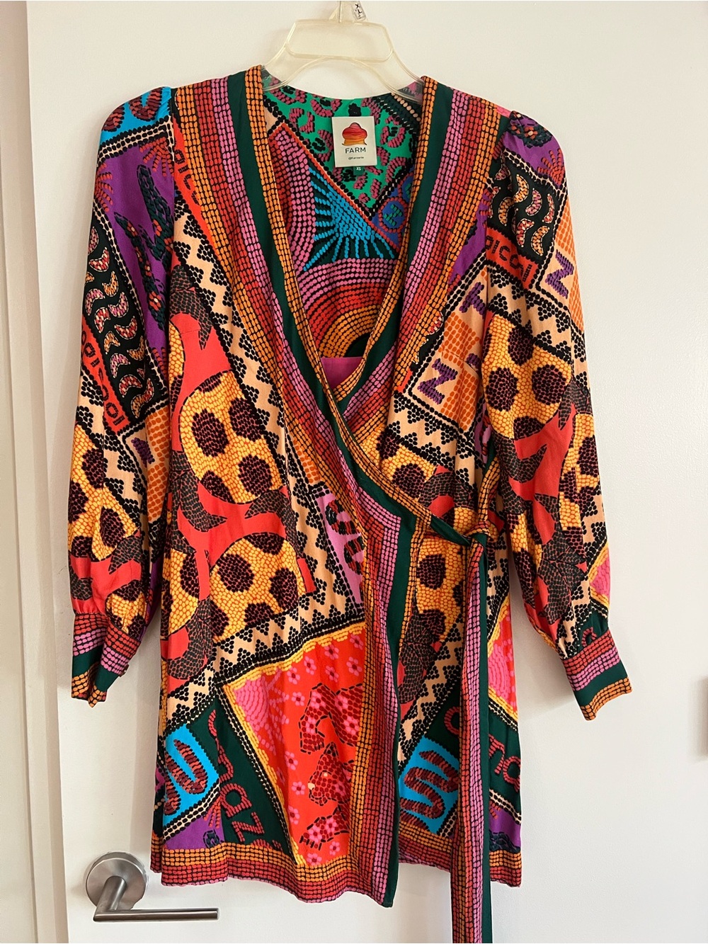 Farm Rio Snake Garden Mix Long-Sleeve Wrap Mini Dress Size XS Multicolored